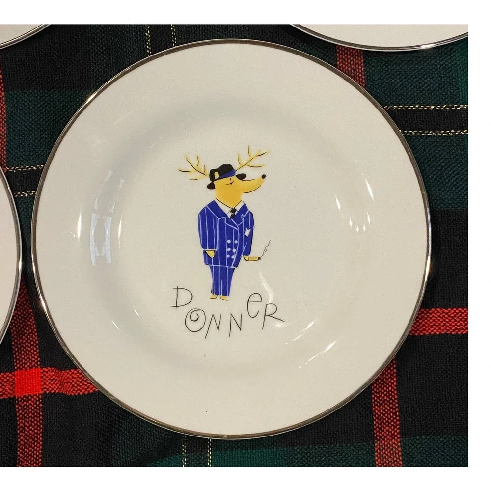 Pottery‎ Barn REINDEER DONNER Salad Plates 8-1/2” White Porcelain MINT!